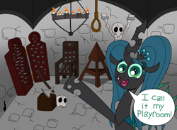 Size: 1280x938 | Tagged: safe, artist:jay muniz, character:queen chrysalis, ask crinkle bottom chrysalis, axe, dead, dungeon, iron maiden, judas cradle, noose, skeleton, skull, torture device