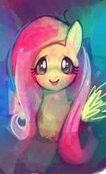 Size: 730x1200 | Tagged: safe, artist:purplekecleon, character:fluttershy, species:pegasus, species:pony, abstract background, bust, female, full face view, looking at you, mare, portrait, smiling, solo, wings