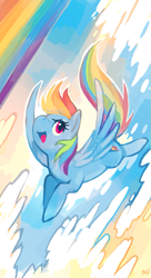 Size: 695x1280 | Tagged: safe, artist:purplekecleon, character:rainbow dash, species:pegasus, species:pony, backwards cutie mark, female, flying, mare, open mouth, rainbow, sky, solo
