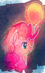 Size: 739x1200 | Tagged: safe, artist:purplekecleon, character:pinkie pie, species:earth pony, species:pony, balloon, bust, female, mare, nom, portrait, profile, smiling, solo