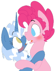Size: 328x414 | Tagged: safe, artist:artflicker, character:pinkie pie, character:pokey pierce, oc:poppy pin, species:earth pony, species:pony, species:unicorn, ship:pokeypie, bubble berry, female, looking at each other, male, mare, rule 63, shipping, simple background, stallion, straight, transparent background