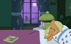 Size: 4000x2500 | Tagged: safe, artist:misterbrony, character:applejack, character:daring do, bed, bedroom, book, duo, night, sleeping, window