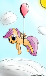 Size: 548x900 | Tagged: safe, artist:microgrid, character:scootaloo, species:pegasus, species:pony, balloon, cloud, cute, cutealoo, female, filly, floating, happy, scootaloo can't fly, sun