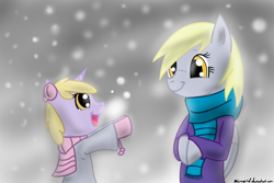 Size: 1280x853 | Tagged: safe, artist:microgrid, character:derpy hooves, character:dinky hooves, species:pegasus, species:pony, equestria's best mother, female, mare, snow, snowfall