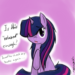 Size: 900x900 | Tagged: safe, artist:microgrid, character:twilight sparkle, character:twilight sparkle (unicorn), species:pony, species:unicorn, alternate hairstyle, bed mane, dialogue, fangs, female, hair over one eye, hilarious in hindsight, looking at you, loose hair, mare, open mouth, raised hoof, raised leg, sitting, solo, text, worried