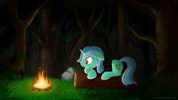 Size: 1920x1080 | Tagged: safe, artist:wolfypon, character:lyra heartstrings, species:pony, species:unicorn, fanfic:background pony, campfire, clothing, female, fire, floppy ears, hoodie, log, lying down, mare, night, shirt, solo, wallpaper