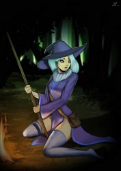 Size: 1280x1810 | Tagged: safe, artist:deilan12, character:trixie, species:human, clothing, female, forest, hat, humanized, kneeling, open mouth, satchel, scared, sitting, socks, solo, staff, stick, thigh highs