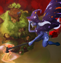 Size: 1937x1999 | Tagged: safe, artist:miradge, character:trixie, species:anthro, cloak, clothing, flying, golden oaks library, hat, library, magic, telescope, wat, weed whacker, witch