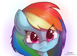 Size: 1657x1200 | Tagged: safe, artist:strangemoose, character:rainbow dash, species:pegasus, species:pony, alternate hairstyle, female, head only, looking at you, solo, tsunderainbow, tsundere