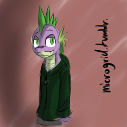 Size: 900x900 | Tagged: safe, artist:microgrid, character:spike, species:anthro, clothing, hoodie, older