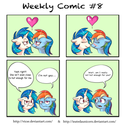 Size: 3564x3599 | Tagged: safe, artist:vicse, character:dj pon-3, character:rainbow dash, character:vinyl scratch, angry, blushing, comic, dialogue, female, heart, lesbian, noseboop, shipping, shipping denied, speech bubble, vinyldash