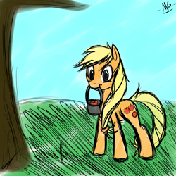 Size: 1280x1280 | Tagged: safe, artist:microgrid, character:applejack, female, mouth hold, solo, tree