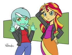 Size: 842x650 | Tagged: safe, artist:mr-samson, character:lyra heartstrings, character:sunset shimmer, my little pony:equestria girls, double deuce, equestria girls-ified, fuck you, loser, middle finger, vulgar