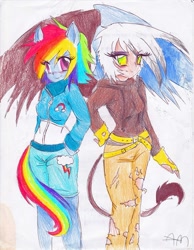 Size: 766x988 | Tagged: dead source, safe, artist:yuji8sushi, character:gilda, character:rainbow dash, species:anthro, species:griffon, species:pegasus, species:pony, ambiguous facial structure, clothing, cutie mark on clothes, traditional art