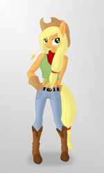 Size: 800x1333 | Tagged: safe, artist:romus91, artist:volcanico, character:applejack, species:anthro, species:plantigrade anthro, belly button, clothing, female, front knot midriff, gloves, midriff, solo