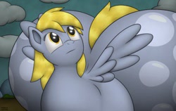 Size: 400x253 | Tagged: safe, artist:jesseorange, character:derpy hooves, species:pegasus, species:pony, aderpose, cloud, cloudy, fat, female, impossibly large butt, impossibly wide hips, mare, solo, wat, wide hips