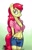 Size: 505x783 | Tagged: safe, artist:ceehoff, character:apple bloom, species:anthro, species:earth pony, g4, adorabloom, adult, belly button, breasts, busty apple bloom, cleavage, clothing, cute, female, front knot midriff, gradient background, green background, mare, midriff, older, older apple bloom, shorts, signature, simple background, solo, teenager, three quarter view