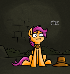 Size: 666x700 | Tagged: safe, artist:alskylark, character:scootaloo, species:pegasus, species:pony, :i, clothing, female, hat, necklace, scootalootheadventurer, solo