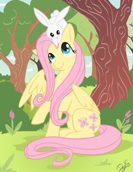 Size: 1300x1677 | Tagged: safe, artist:dawnallies, character:angel bunny, character:fluttershy, angelbetes, cute, looking at each other, pet, riding on head, shyabetes