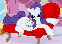 Size: 1052x744 | Tagged: safe, artist:dawnallies, character:opalescence, character:rarity, species:pony, species:unicorn, cat, cute, fainting couch, female, heartwarming, looking at each other, mare, opalbetes, pet, raribetes, snuggling
