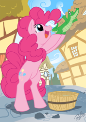 Size: 496x702 | Tagged: safe, artist:dawnallies, character:gummy, character:pinkie pie, cute, diapinkes, open mouth, pet, ponyville, tub