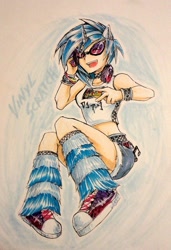 Size: 600x877 | Tagged: safe, artist:slifertheskydragon, character:dj pon-3, character:vinyl scratch, species:human, clothing, denim skirt, eared humanization, female, headphones, horn, horned humanization, humanized, leg warmers, midriff, rave, shoes, skirt, sneakers, solo, traditional art
