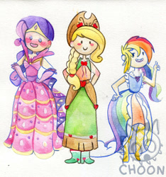Size: 865x923 | Tagged: safe, artist:psychoon, character:applejack, character:rainbow dash, character:rarity, clothing, dress, gala dress, humanized, skinny, watercolor painting