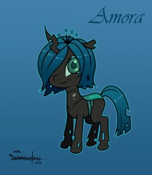 Size: 826x946 | Tagged: safe, artist:mr-samson, oc, oc only, oc:amora, parent:queen chrysalis, parent:shining armor, parents:shining chrysalis, species:changeling, blue background, female, hybrid, interspecies offspring, offspring, quadrupedal, simple background, solo