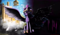Size: 5702x3351 | Tagged: safe, artist:fearyzy, character:twilight sparkle, character:twilight sparkle (alicorn), species:alicorn, species:changeling, species:pony, big crown thingy, changeling queen, changelingified, corrupted, corrupted twilight sparkle, female, jewelry, mare, queen twilight, regalia, solo, split screen, tyrant sparkle