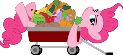Size: 13427x6026 | Tagged: safe, artist:emedina13, character:pinkie pie, absurd resolution, female, fruit, on back, simple background, solo, transparent background, vector
