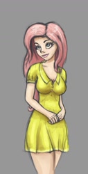 Size: 865x1697 | Tagged: dead source, safe, artist:polkin, character:fluttershy, species:human, breasts, busty fluttershy, clothing, dress, female, gray background, humanized, simple background, solo, yellow dress