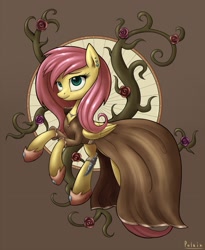 Size: 1500x1826 | Tagged: dead source, safe, artist:polkin, character:fluttershy, clothing, dagger, dress, female, flower, jewelry, necklace, rose, shoes, solo, weapon