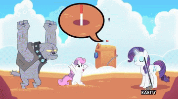 Size: 360x202 | Tagged: safe, artist:mysteryben, character:fido, character:rarity, character:spike, character:sweetie belle, species:diamond dog, animated, foal in one, golf, rhythm heaven, rhythm is magic, zoom in