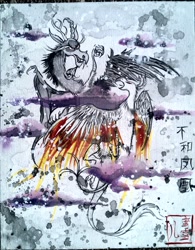 Size: 900x1154 | Tagged: safe, artist:peachpalette, character:discord, character:philomena, chinese, fight, flying, painting, style emulation, traditional art, watercolor painting