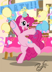 Size: 630x870 | Tagged: safe, artist:dawnallies, character:pinkie pie, species:pony, balloon, bipedal, clothing, female, hat, party, party hat, solo