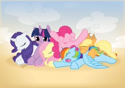 Size: 1403x992 | Tagged: safe, artist:dawnallies, character:applejack, character:fluttershy, character:pinkie pie, character:rainbow dash, character:rarity, character:twilight sparkle, cuddle puddle, mane six, morning ponies, pony pile, sleep pile, sleeping