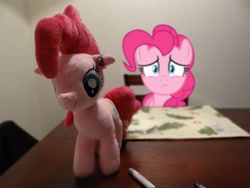 Size: 4896x3672 | Tagged: safe, artist:emedina13, character:pinkie pie, species:earth pony, species:pony, chair, female, irl, mare, pen, photo, plushie, ponidox, ponies in real life, ring, self plushidox, self ponidox, table, vector