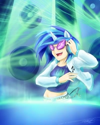 Size: 720x900 | Tagged: safe, artist:slifertheskydragon, character:dj pon-3, character:vinyl scratch, species:human, clothing, female, glasses, headphones, horn, horned humanization, humanized, solo