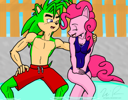Size: 1601x1252 | Tagged: safe, artist:sonigoku, character:pinkie pie, species:anthro, background pony strikes again, clothing, commission, crossover, crossover shipping, female, interspecies, male, manic the hedgehog, muscles, one-piece swimsuit, shipping, sonic the hedgehog (series), sonic underground, straight, swimsuit