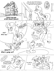 Size: 976x1280 | Tagged: safe, artist:conner cogwork, character:carrot top, character:derpy hooves, character:dinky hooves, character:golden harvest, species:pegasus, species:pony, carrot top's garden, female, mare, monochrome