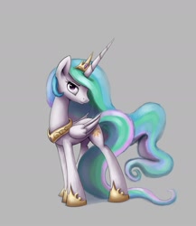 Size: 1500x1726 | Tagged: dead source, safe, artist:polkin, character:princess celestia, species:alicorn, species:pony, female, gray background, mare, simple background, solo