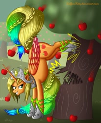 Size: 1400x1700 | Tagged: safe, artist:leffenkitty, character:applejack, species:alicorn, species:pony, alicornified, applebucking, applecorn, braid, braided tail, colored wings, female, gradient hair, gradient wings, mare, multicolored hair, race swap, solo