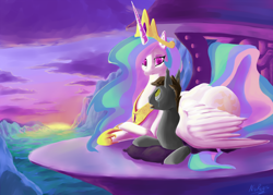 Size: 1920x1371 | Tagged: safe, artist:nivrozs, character:princess celestia, oc, species:bat pony, species:pony, canon x oc, crying, eye contact, hug, love, open mouth, pillow, prone, smiling, sunrise, wide eyes, winghug
