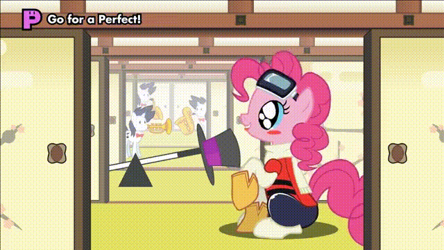 Size: 640x360 | Tagged: safe, artist:mysteryben, character:pinkie pie, animated, cupcake, cute, diapinkes, female, flcl, goggles, musical instrument, nom, remix apple apple apple, rhythm is magic, saxophone