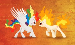 Size: 1500x917 | Tagged: safe, artist:celestiathegreatest, character:rainbow dash, character:twilight sparkle, angry, duo, element of loyalty, eye contact, fight, fire, fire head, glare, gritted teeth, mane of fire, rage-shift, rainbow fire, raised hoof, rapidash, rapidash twilight, spread wings, super rainbow dash, wings