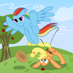 Size: 1200x1200 | Tagged: safe, artist:bajanic, character:applejack, character:rainbow dash, action pose, apple, clothing, funny, grass, hat, hurdle, jumping, tree