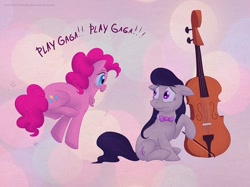 Size: 900x673 | Tagged: safe, artist:celestiathegreatest, character:octavia melody, character:pinkie pie, cello, duo, excited, floppy ears, frown, hoof hold, jumping, lady gaga, musical instrument, open mouth, raised hoof, sitting, smiling, wavy mouth, yelling