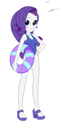 Size: 1067x1920 | Tagged: safe, artist:kyodashiro, character:rarity, my little pony:equestria girls, belly button, blushing, bracelet, cleavage, clothing, feet, female, high heels, inner tube, necklace, one-piece swimsuit, sandals, shoes, simple background, solo, swimsuit, toes, transparent background, vector