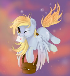 Size: 2200x2400 | Tagged: safe, artist:fikakorv, character:derpy hooves, species:pegasus, species:pony, bag, cute, derpabetes, female, flying, letter, mail, mare, mouth hold, solo, wink