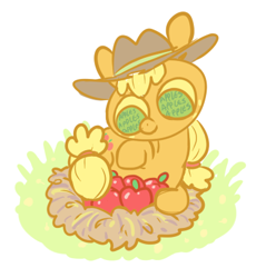 Size: 373x405 | Tagged: safe, artist:hamigaki-momo, character:applejack, apple, female, nest, solo, that pony sure does love apples